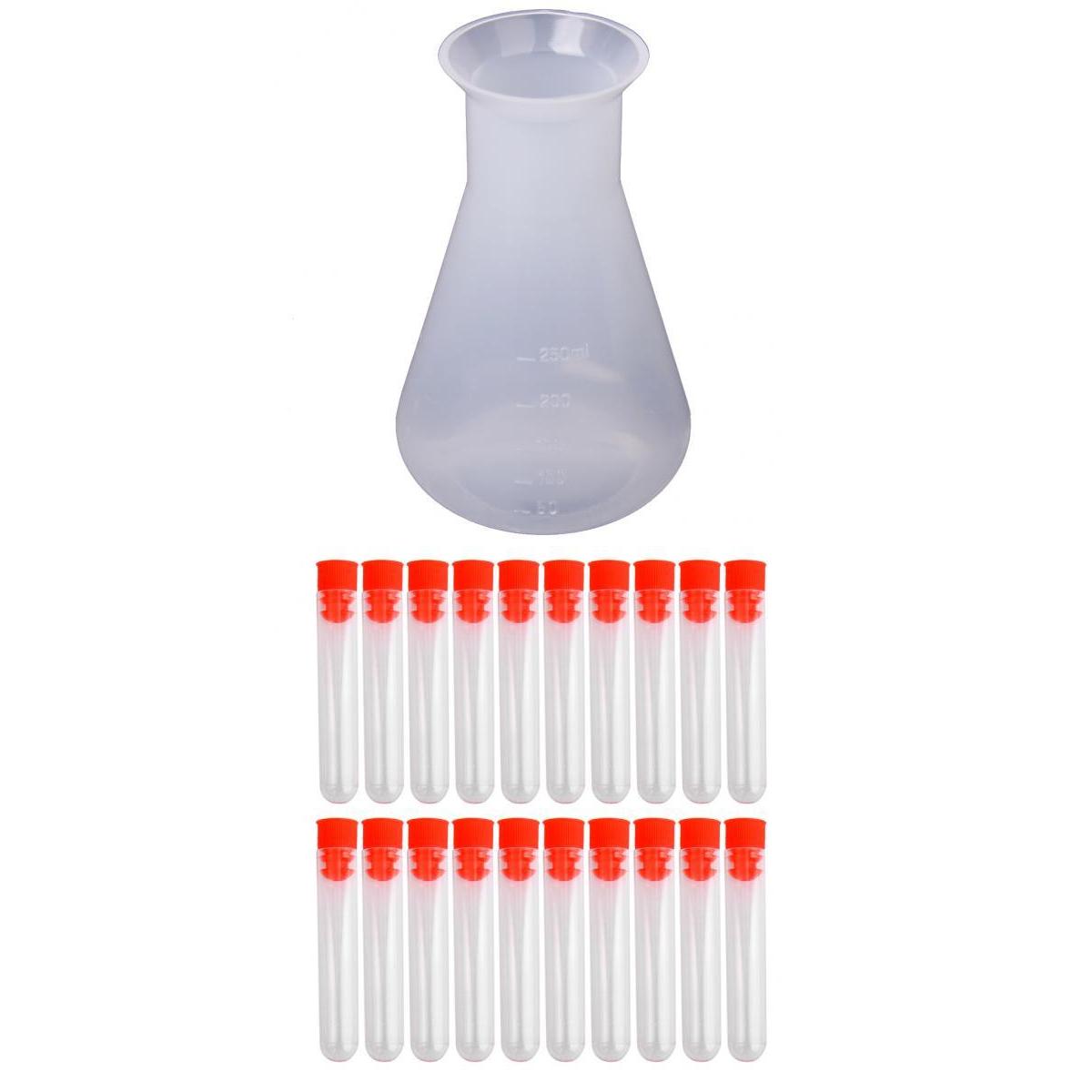 1x 250ml Conical Flask Bottle & 20x Non-Graduated Test Tubes with Screw Caps