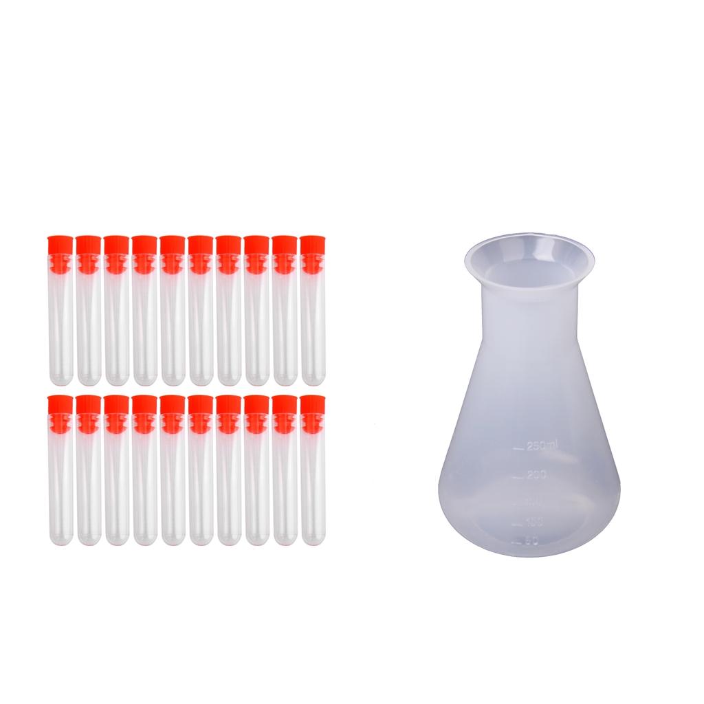 1x 250ml Conical Flask Bottle & 20x Non-Graduated Test Tubes with Screw Caps