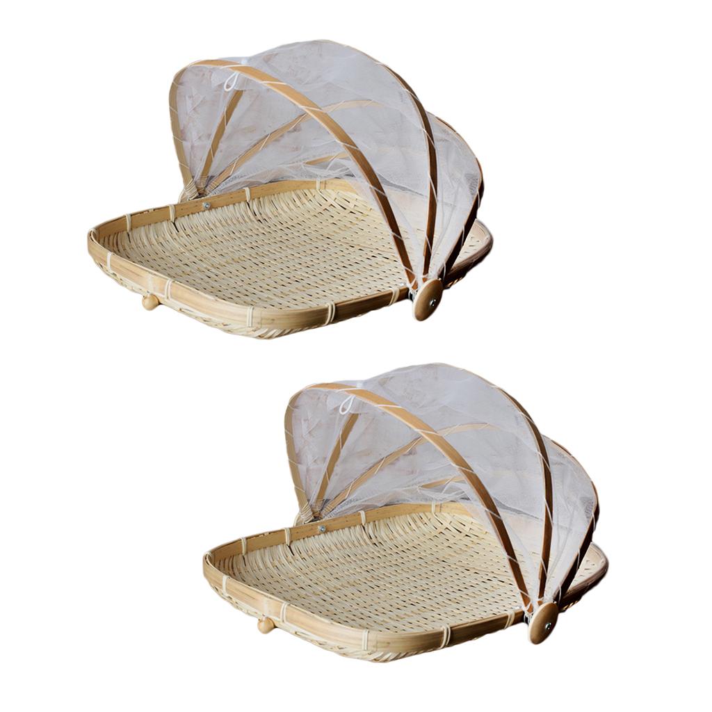 Bamboo Tent Basket Serving Food Outdoor Picnic Pop Up Mesh Net Cover L + S
