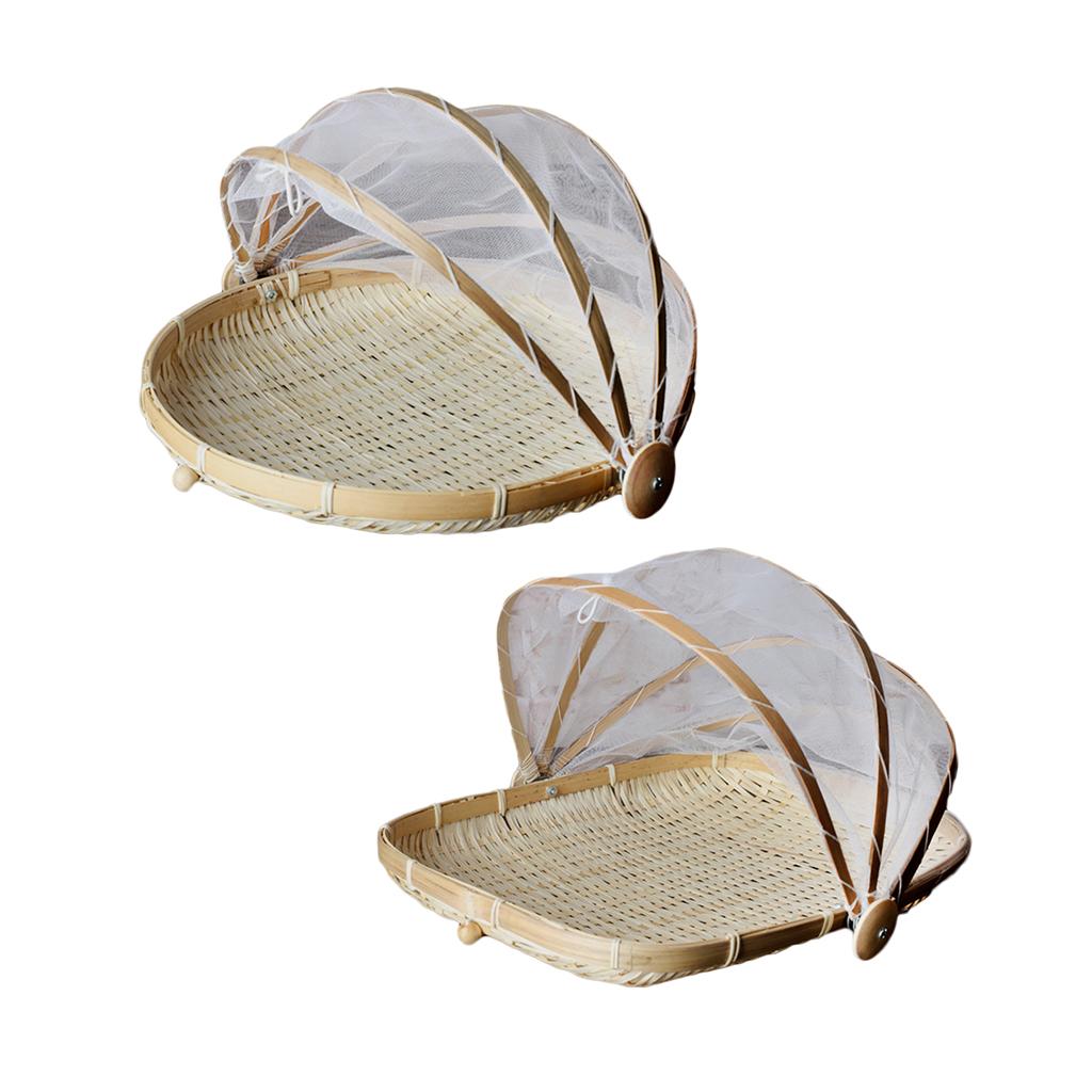2pcs Bamboo Tent Basket Serving Food Outdoor Picnic Pop Up Mesh Net Cover S