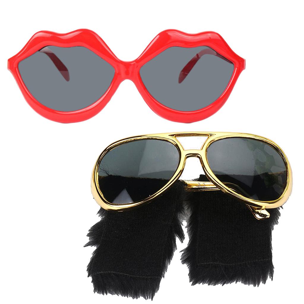 2 Novelty Red Lips Sunglasses Beard Glasses 70s Disco Costume