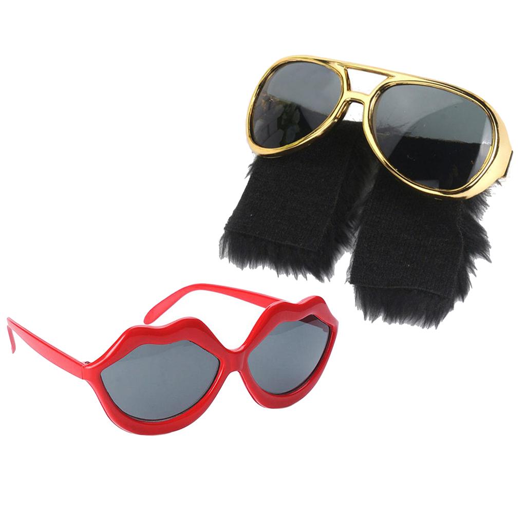 2 Novelty Red Lips Sunglasses Beard Glasses 70s Disco Costume
