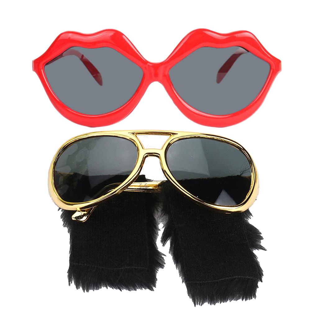 2 Novelty Red Lips Sunglasses Beard Glasses 70s Disco Costume