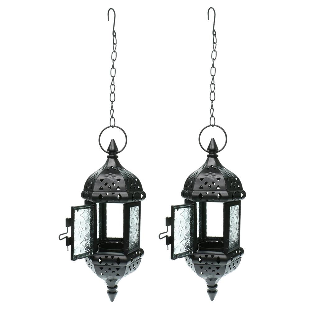 2x Iron Chain Hanging Glass Candlestick Candle Holder Lantern Lamp Black