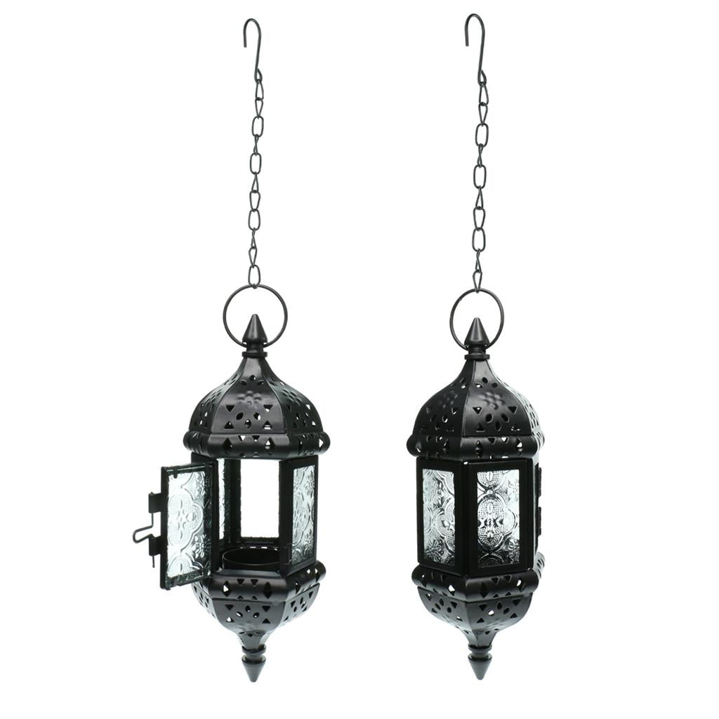 2x Iron Chain Hanging Glass Candlestick Candle Holder Lantern Lamp Black