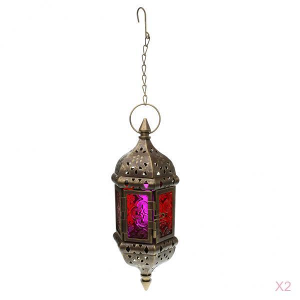 2x Iron Chain Hanging Glass Candlestick Candle Holder Lantern Lamp Brown