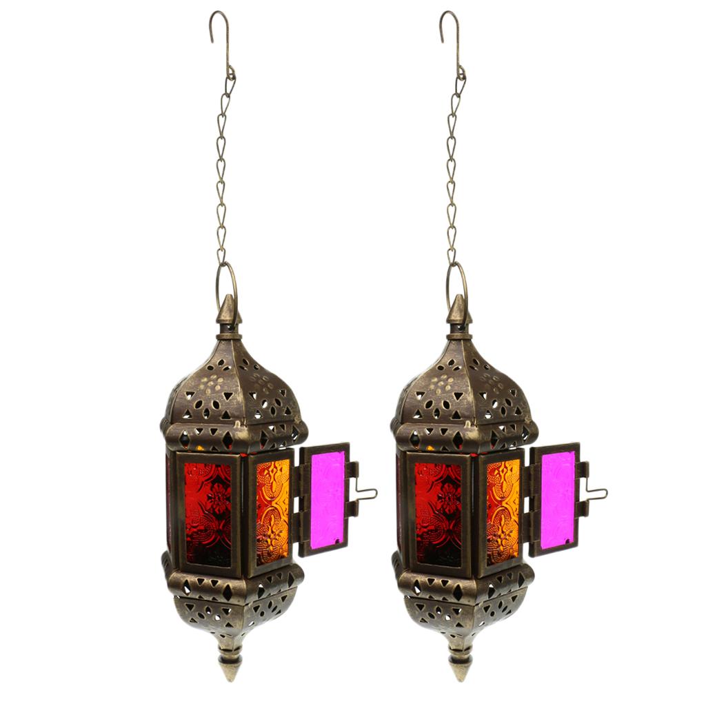2x Iron Chain Hanging Glass Candlestick Candle Holder Lantern Lamp Brown