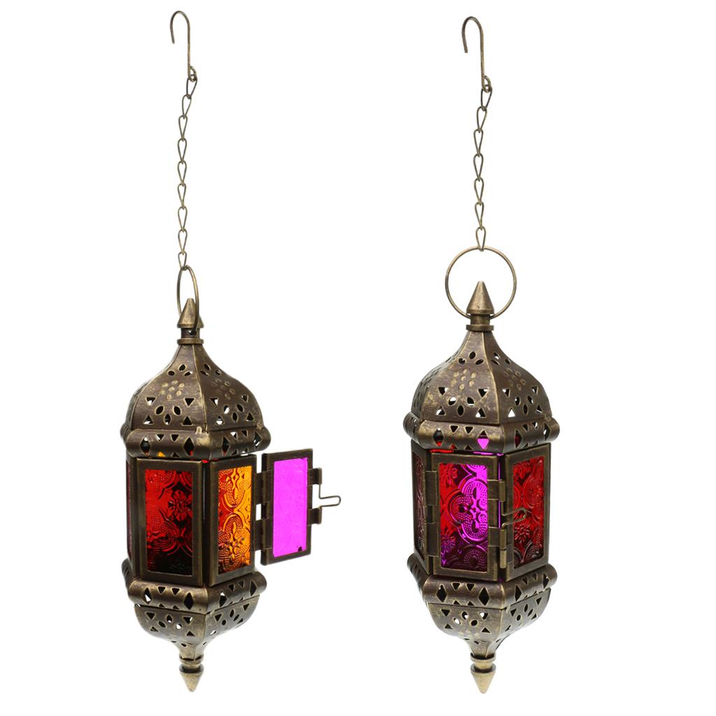 2x Iron Chain Hanging Glass Candlestick Candle Holder Lantern Lamp Brown