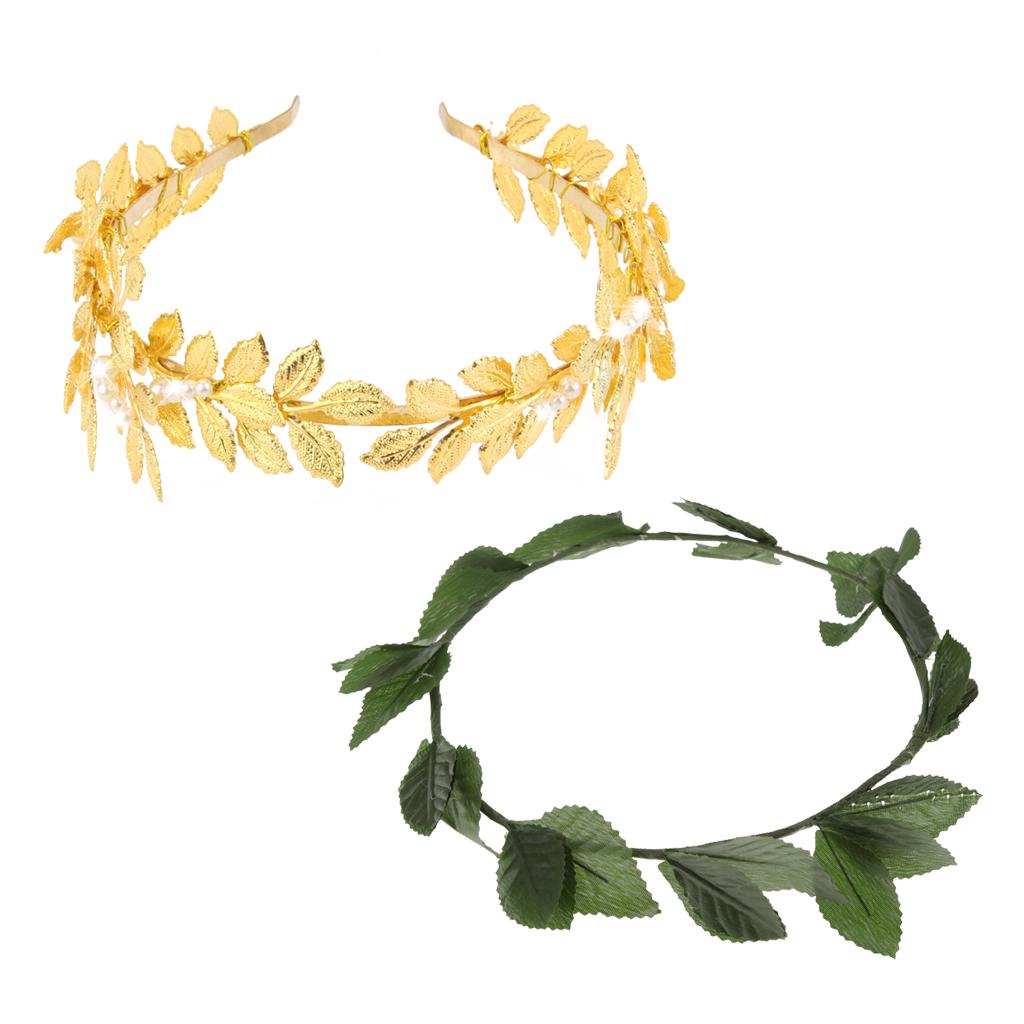 2pcs Baroque Pearl Gold Metal Leaf Headband Tiara Green Plastic Leaf Bridal