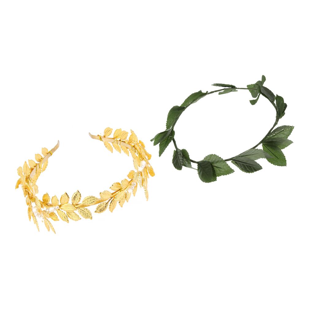 2pcs Baroque Pearl Gold Metal Leaf Headband Tiara Green Plastic Leaf Bridal