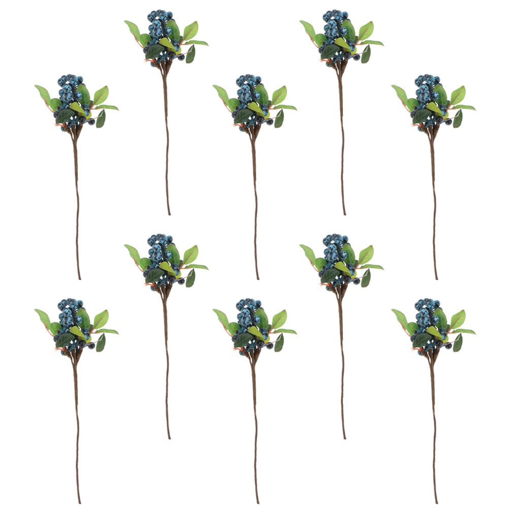 10Pcs Plastic Artificial Plant Fruit Berries Branches Home Cafe Decor Blue