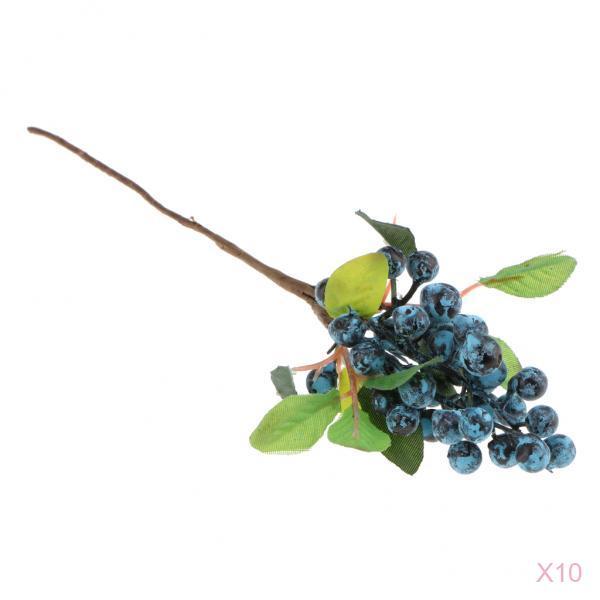 10Pcs Plastic Artificial Plant Fruit Berries Branches Home Cafe Decor Blue