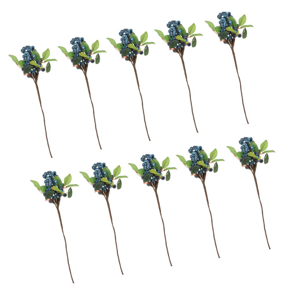 10Pcs Plastic Artificial Plant Fruit Berries Branches Home Cafe Decor Blue