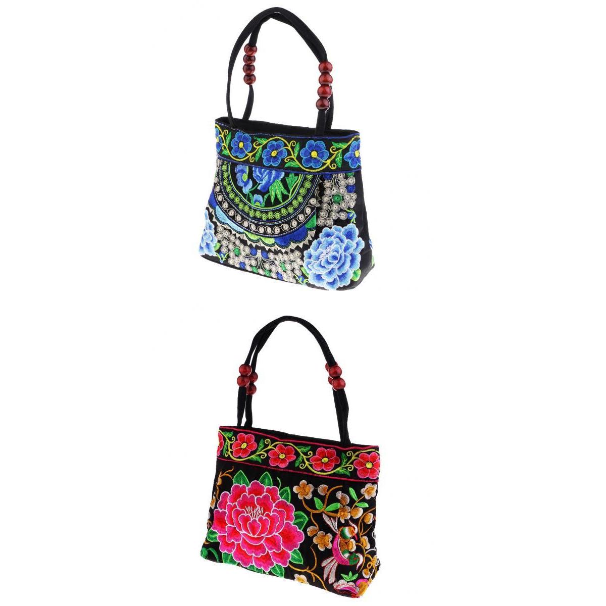 2Pcs Embroidery Travel Shoulder Bag Double Faced Flower Handmade Women Bag