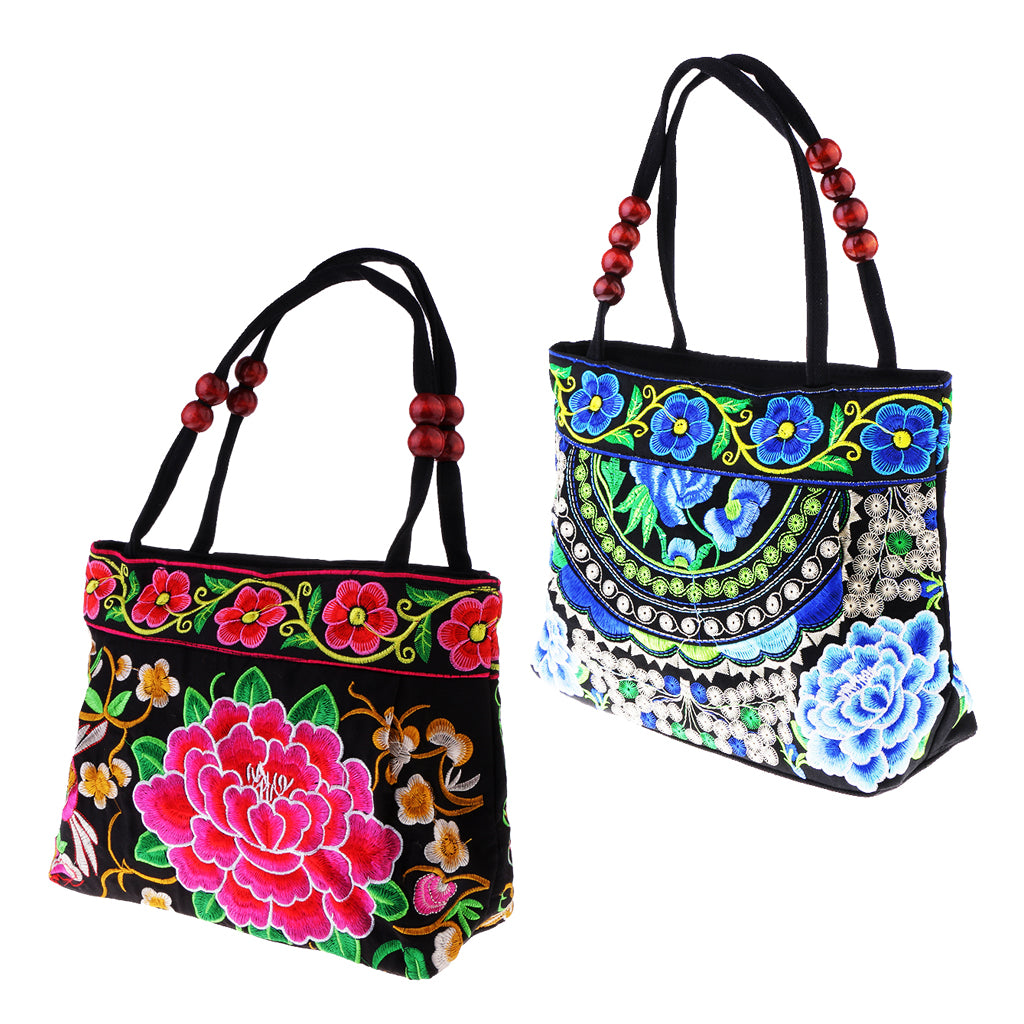 2Pcs Embroidery Travel Shoulder Bag Double Faced Flower Handmade Women Bag