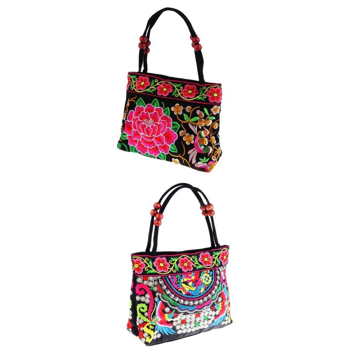 2x Embroidery Travel Shoulder Bag Double Faced Flower Handmade Women Bags
