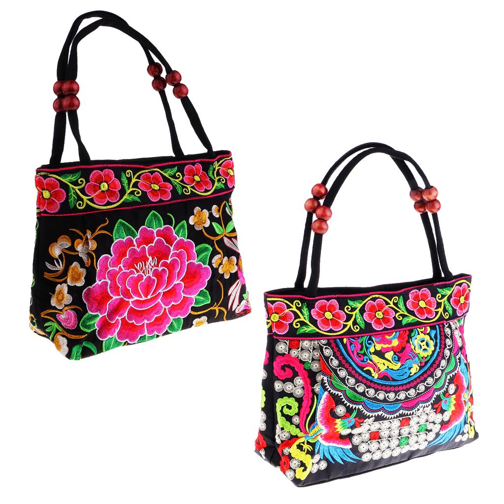 2x Embroidery Travel Shoulder Bag Double Faced Flower Handmade Women Bags
