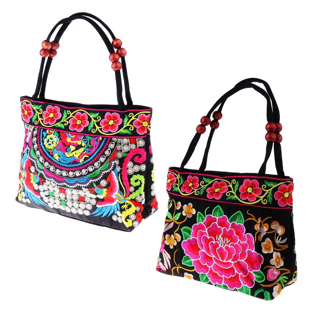 2x Embroidery Travel Shoulder Bag Double Faced Flower Handmade Women Bags