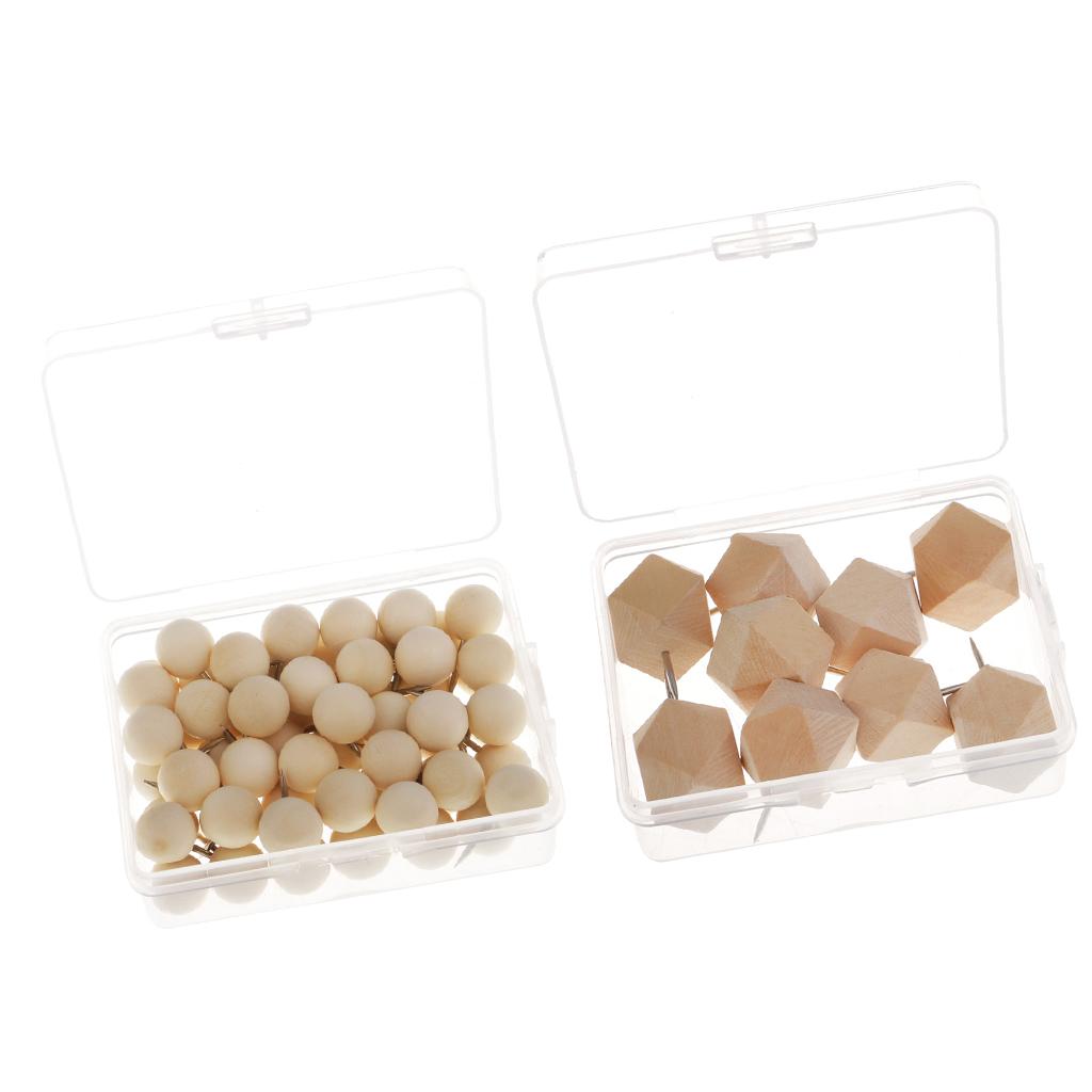 60x Round Wooden Push Pin + 9x Wooden Rhombus Drawing Pins DIY Craft Tacks
