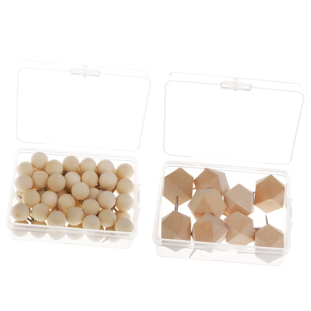 60x Round Wooden Push Pin + 9x Wooden Rhombus Drawing Pins DIY Craft Tacks