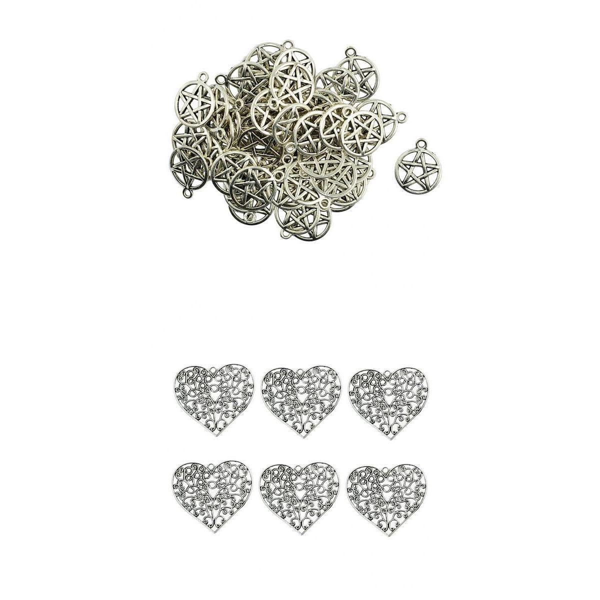 6x Tibetan Silver Filigree Heart Pendants +50x Pentacle Charms Xmas Gift