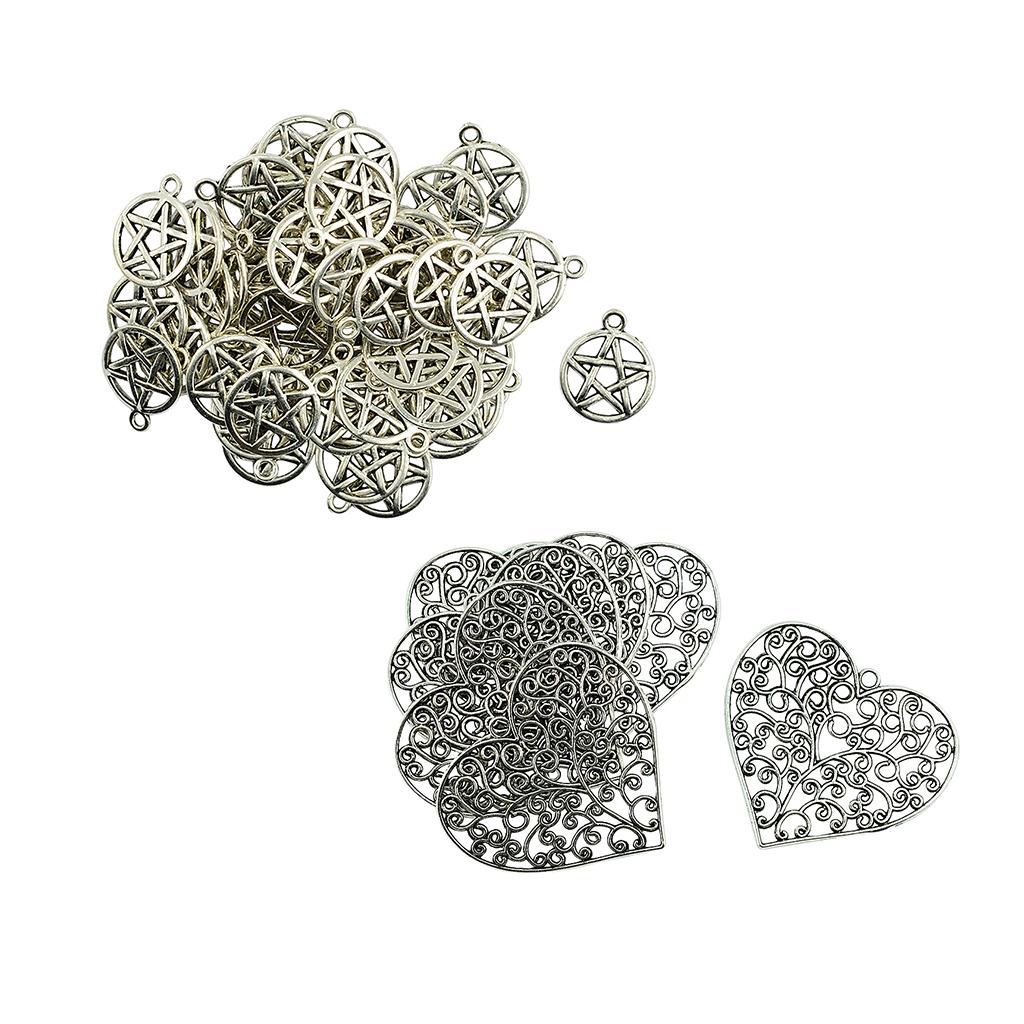 6x Tibetan Silver Filigree Heart Pendants +50x Pentacle Charms Xmas Gift