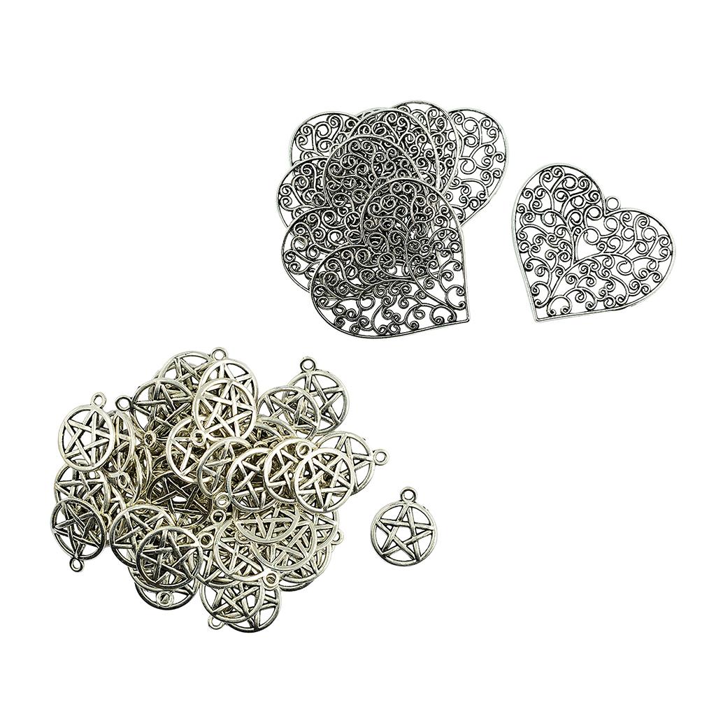 6x Tibetan Silver Filigree Heart Pendants +50x Pentacle Charms Xmas Gift