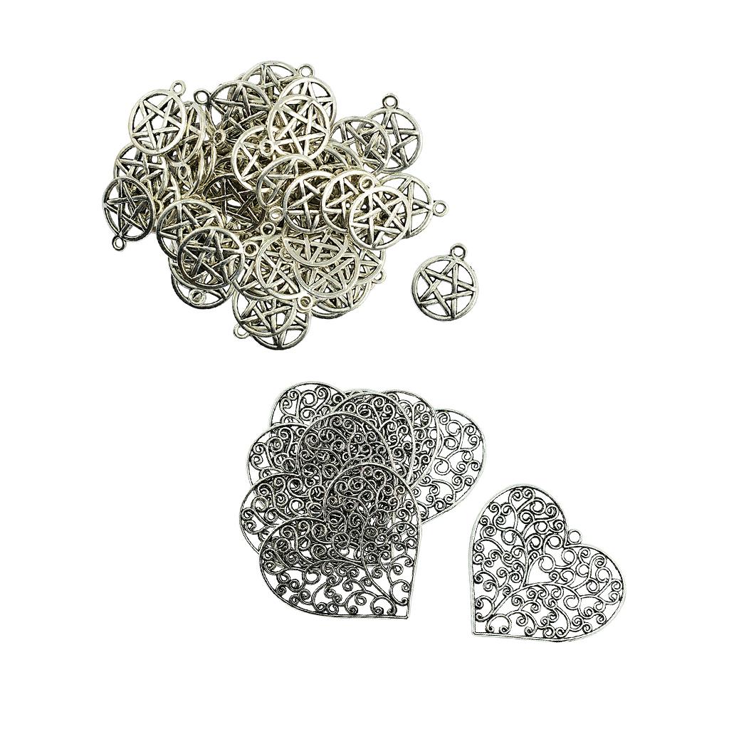 6x Tibetan Silver Filigree Heart Pendants +50x Pentacle Charms Xmas Gift