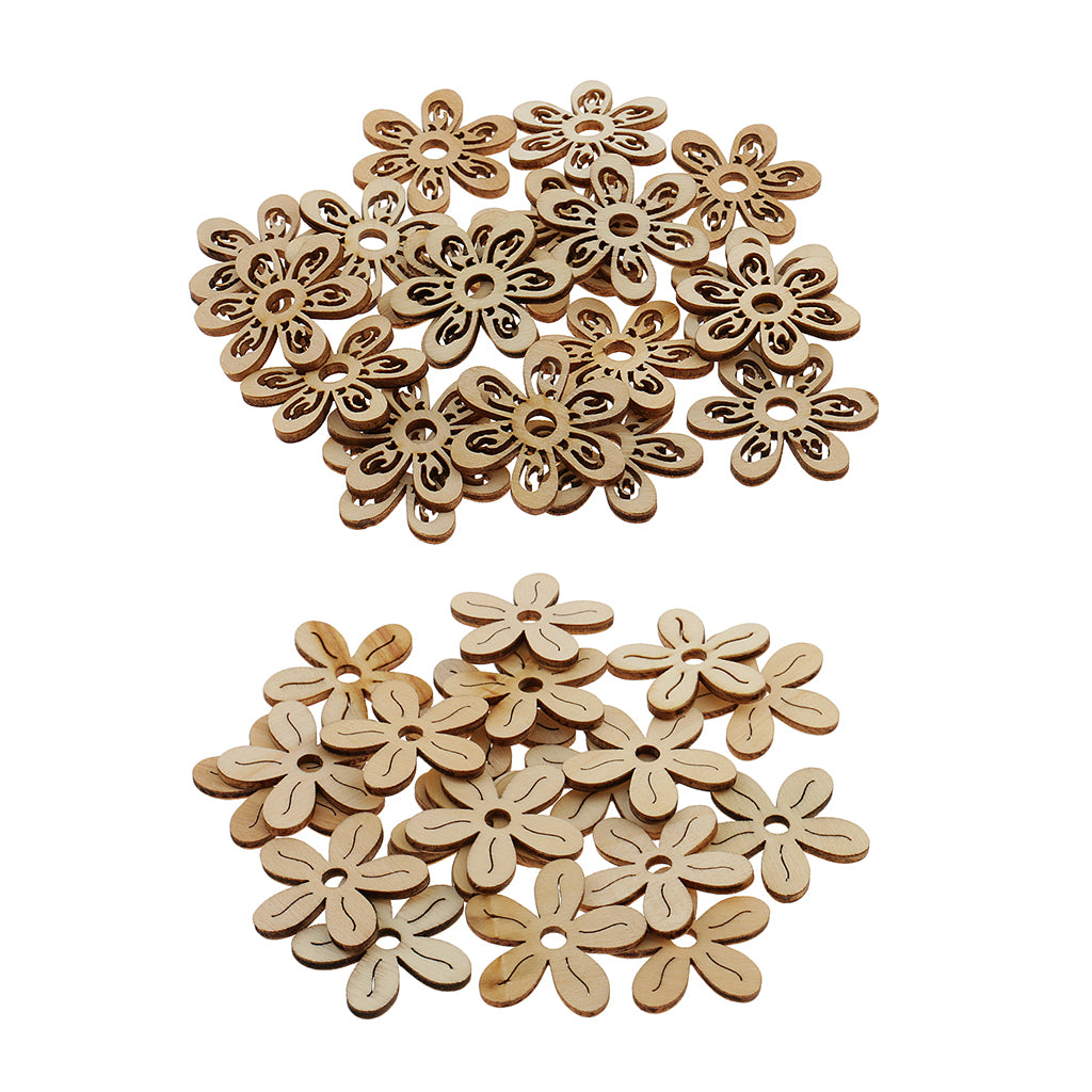 40 Pieces Unfinished Hollow Flower Shape Wooden Pieces Embellishments 35mm