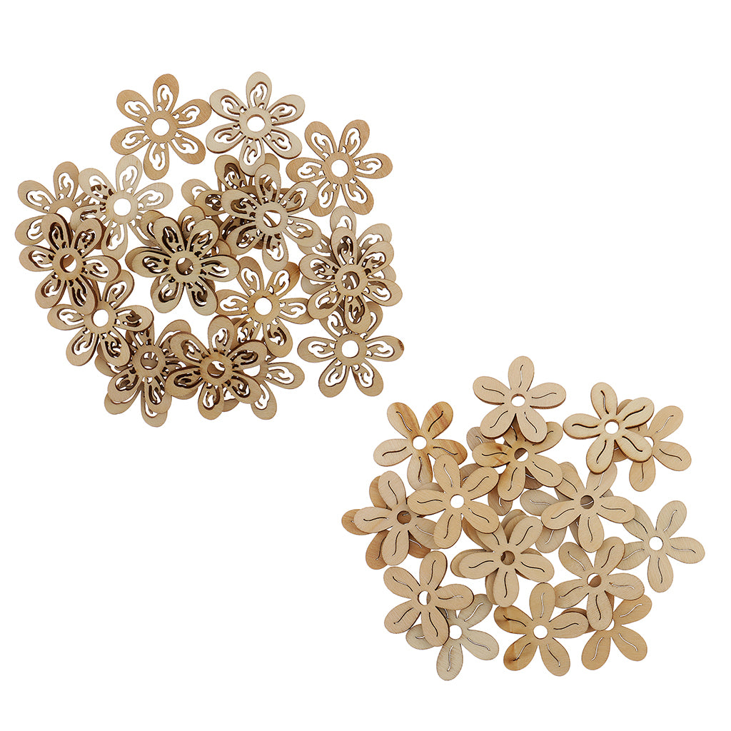 40 Pieces Unfinished Hollow Flower Shape Wooden Pieces Embellishments 35mm