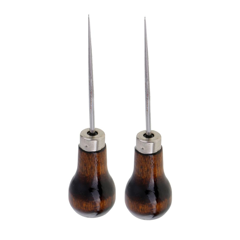2Pcs Wood Handle Leather Craft Awl Sewing Punching Hole Pin Stitching Tool
