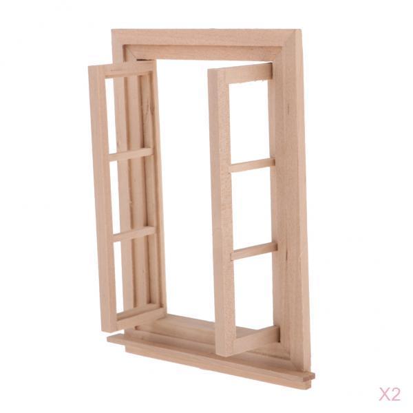 1/12 Dollhouse Miniature Unpainted Wooden 6-Pane Double Window Frame 2 Set