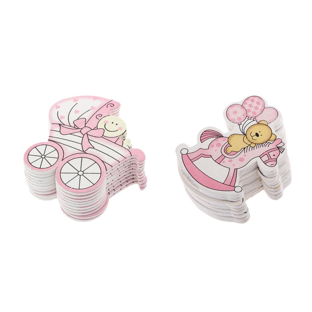 20x Wooden Pink Baby Carriage & Pony Embellishments Card Making Baby Shower
