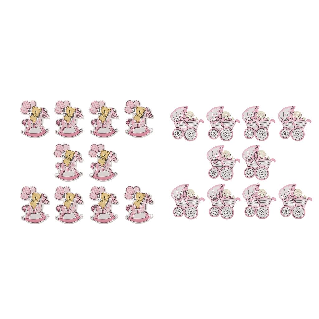 20x Wooden Pink Baby Carriage & Pony Embellishments Card Making Baby Shower