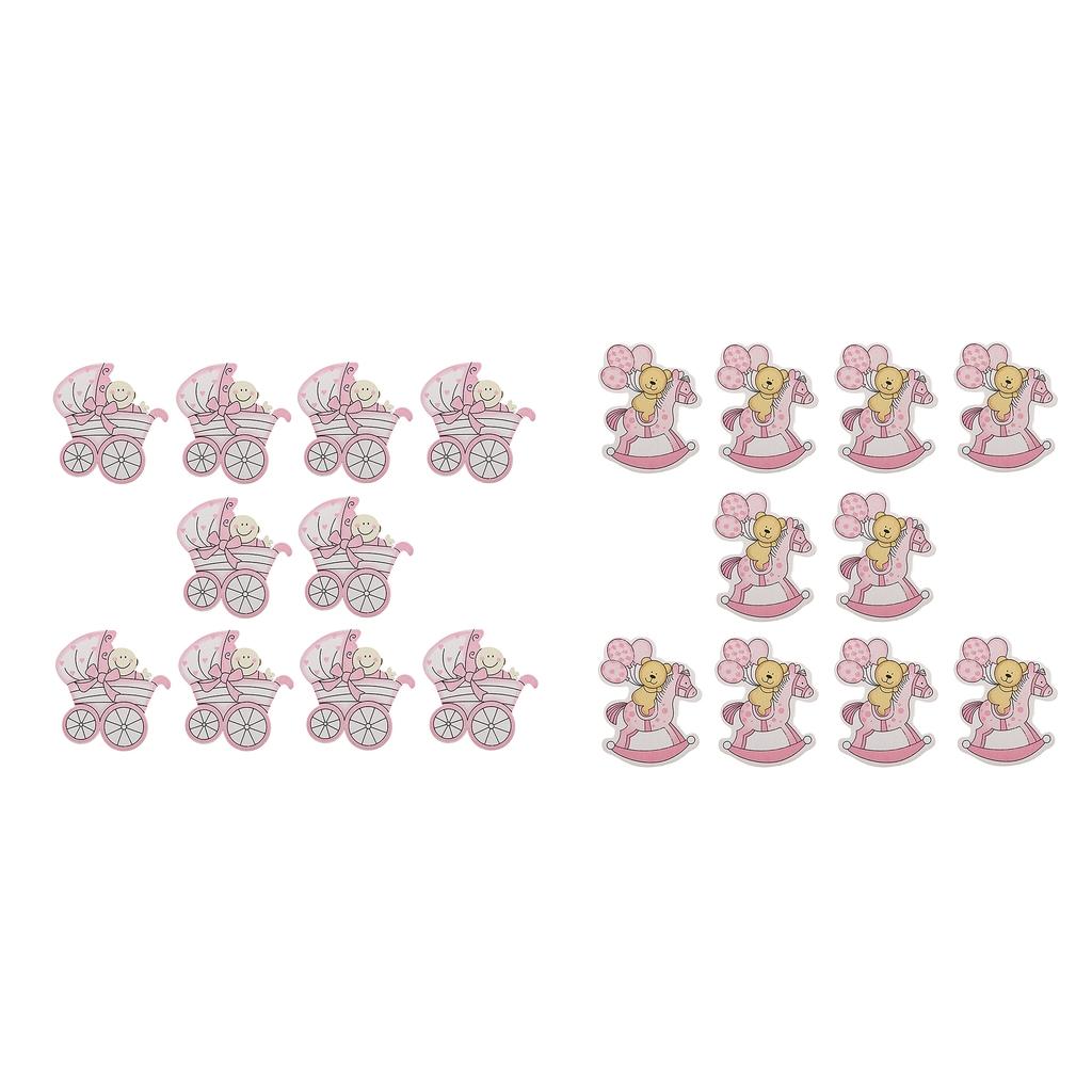 20x Wooden Pink Baby Carriage & Pony Embellishments Card Making Baby Shower