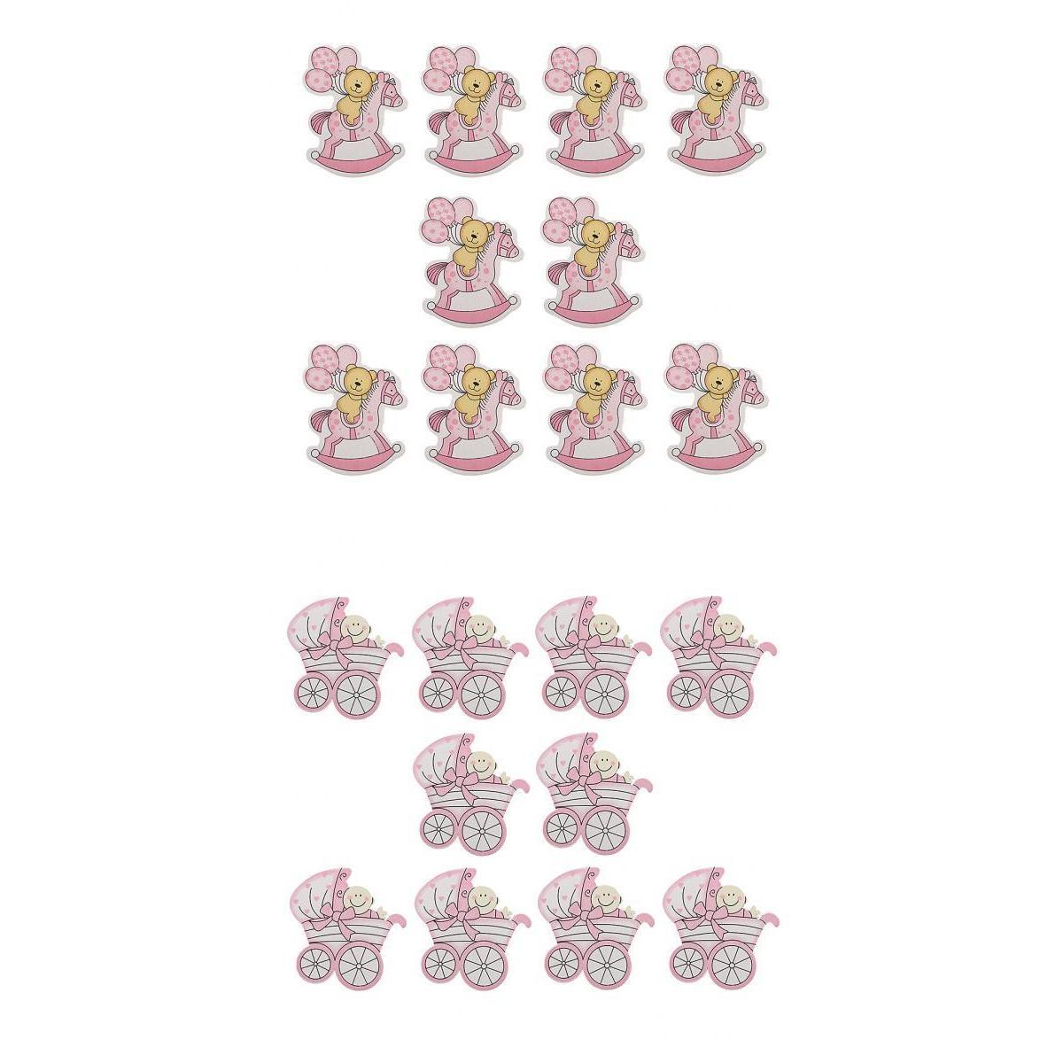 20x Wooden Pink Baby Carriage & Pony Embellishments Card Making Baby Shower