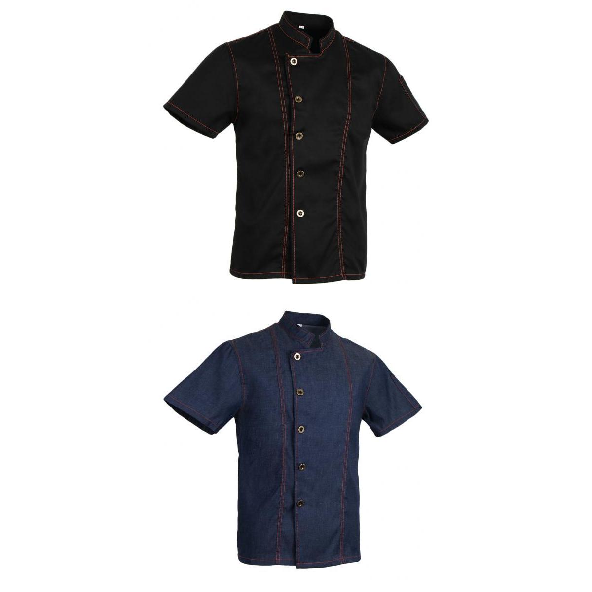 2 Pieces Denim Chef Jacket Coat Short Sleeves Kitchen Uniform Blue Black M
