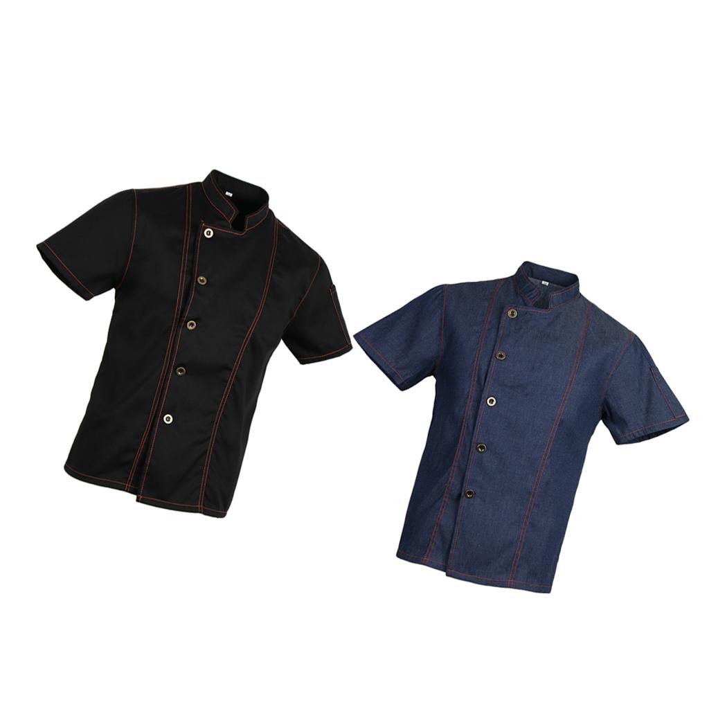2 Pieces Denim Chef Jacket Coat Short Sleeves Kitchen Uniform Blue Black M