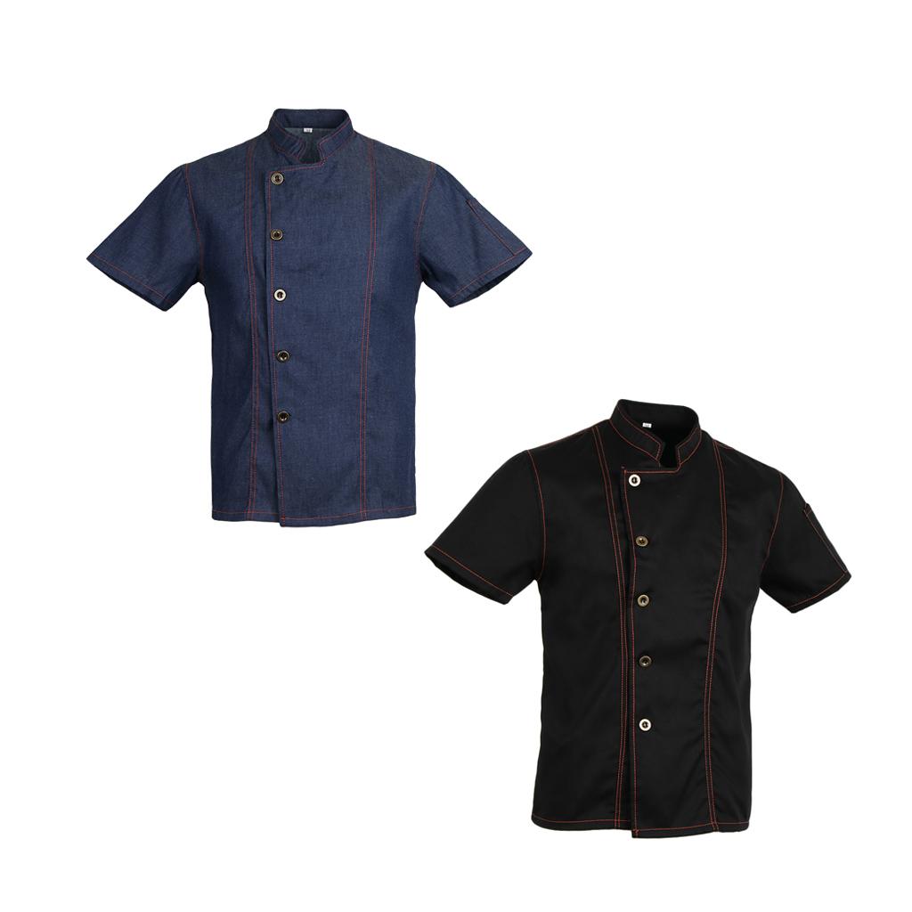 2 Pieces Denim Chef Jacket Coat Short Sleeves Kitchen Uniform Blue Black M