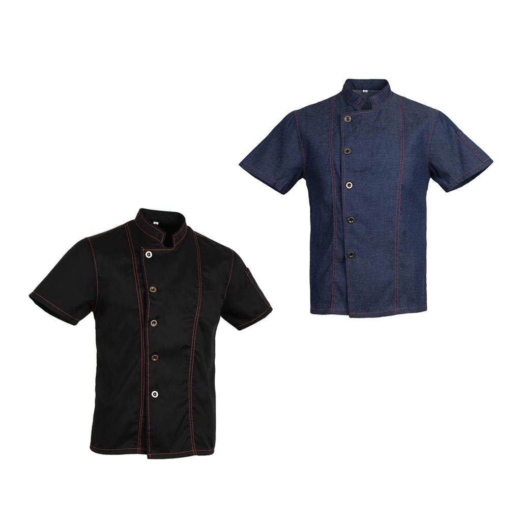 2 Pieces Denim Chef Jacket Coat Short Sleeves Kitchen Uniform Blue Black M