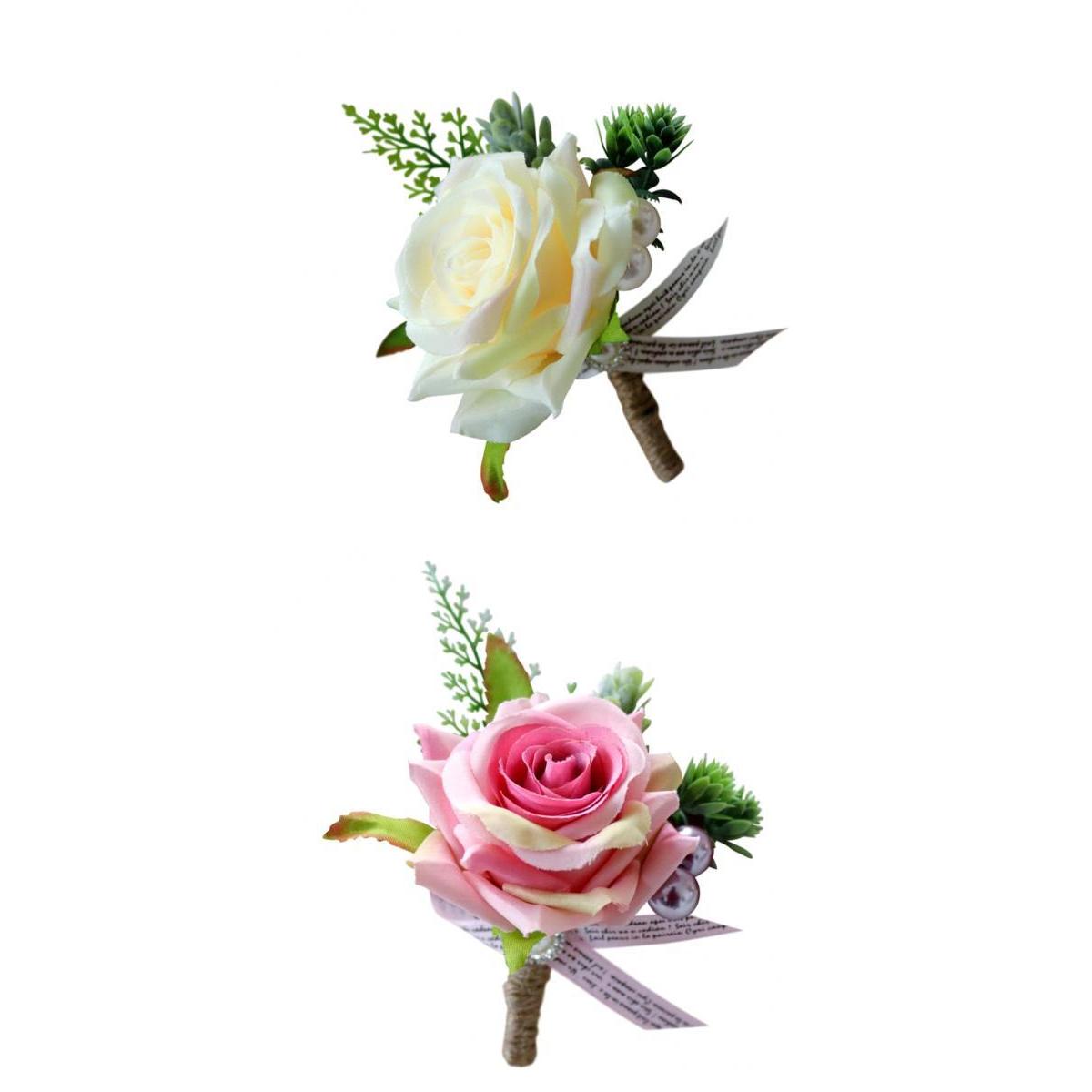 2pcs Wedding Party Rose Silk Flower Boutonniere Corsage Fushia & Champagne