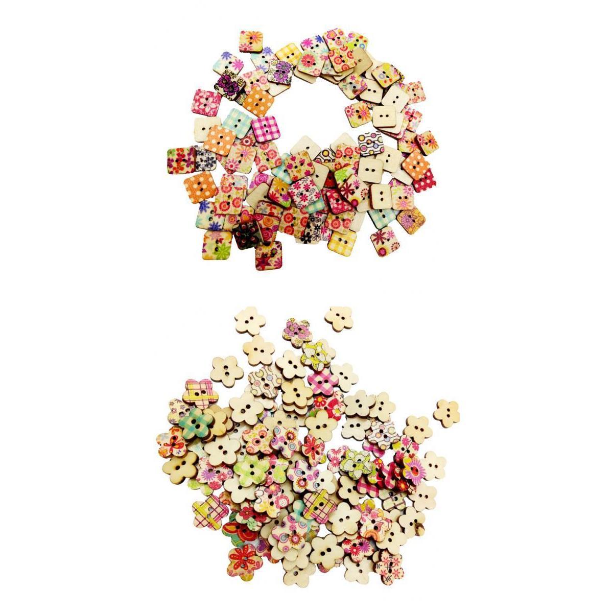200 Pieces Printed Flower Shape 2 Holes Wooden Sewing Buttons for Clothing