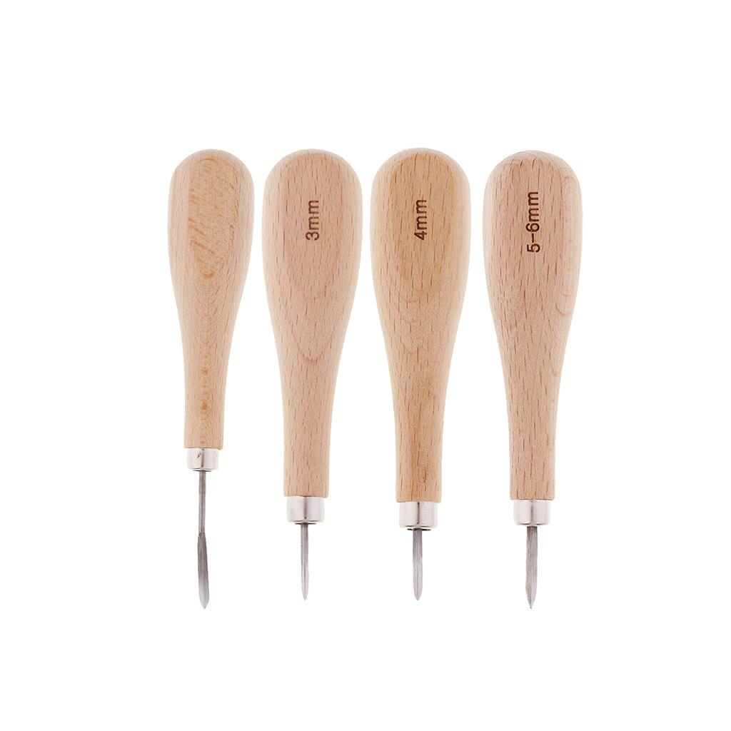 4 Pieces Wooden Handle Leather Stitcher Sewing Steel Awl for Leather Crafts