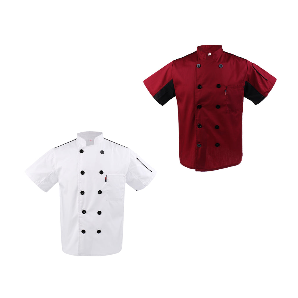2x Unisex Red+White Short Sleeve Restaurant Hotel Cook Coat M