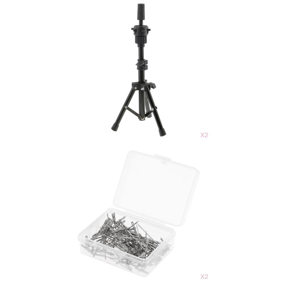2PCS Mannequin Training Practice Head Holder Tripod Stand+T Needle Pin Set