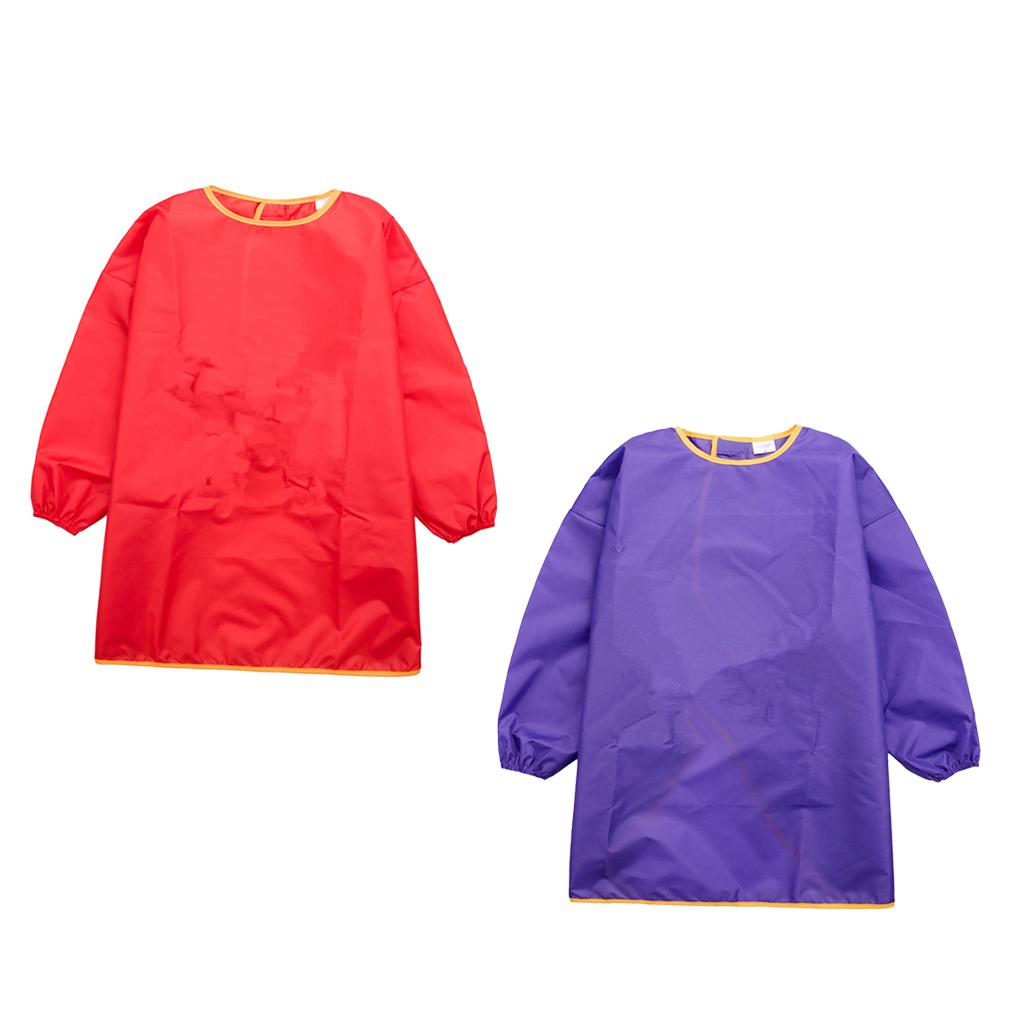 2x Kids Long Sleeve Apron Drawing Painting Waterproof Smock Red Purple