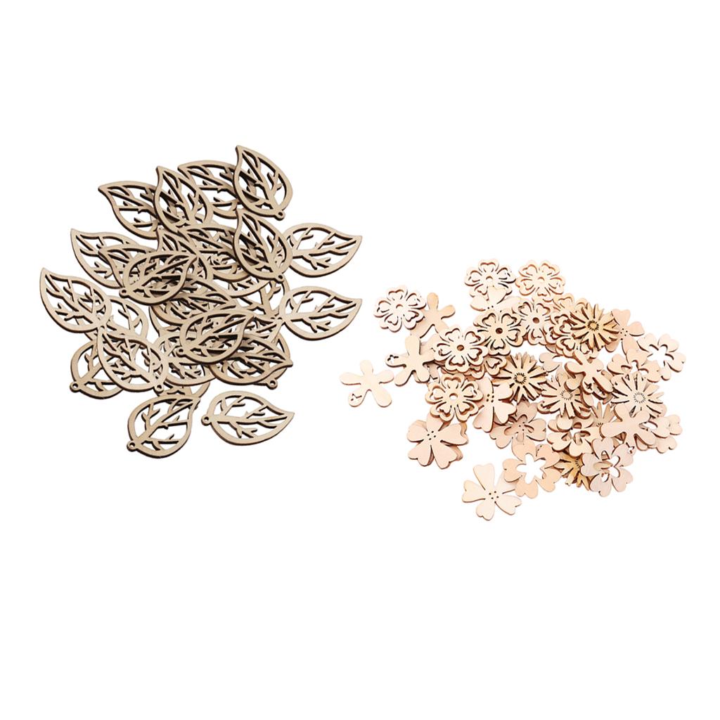 80 Pcs Natural Leaves and Flower Wood Embellishment DIY Decoration Crafts