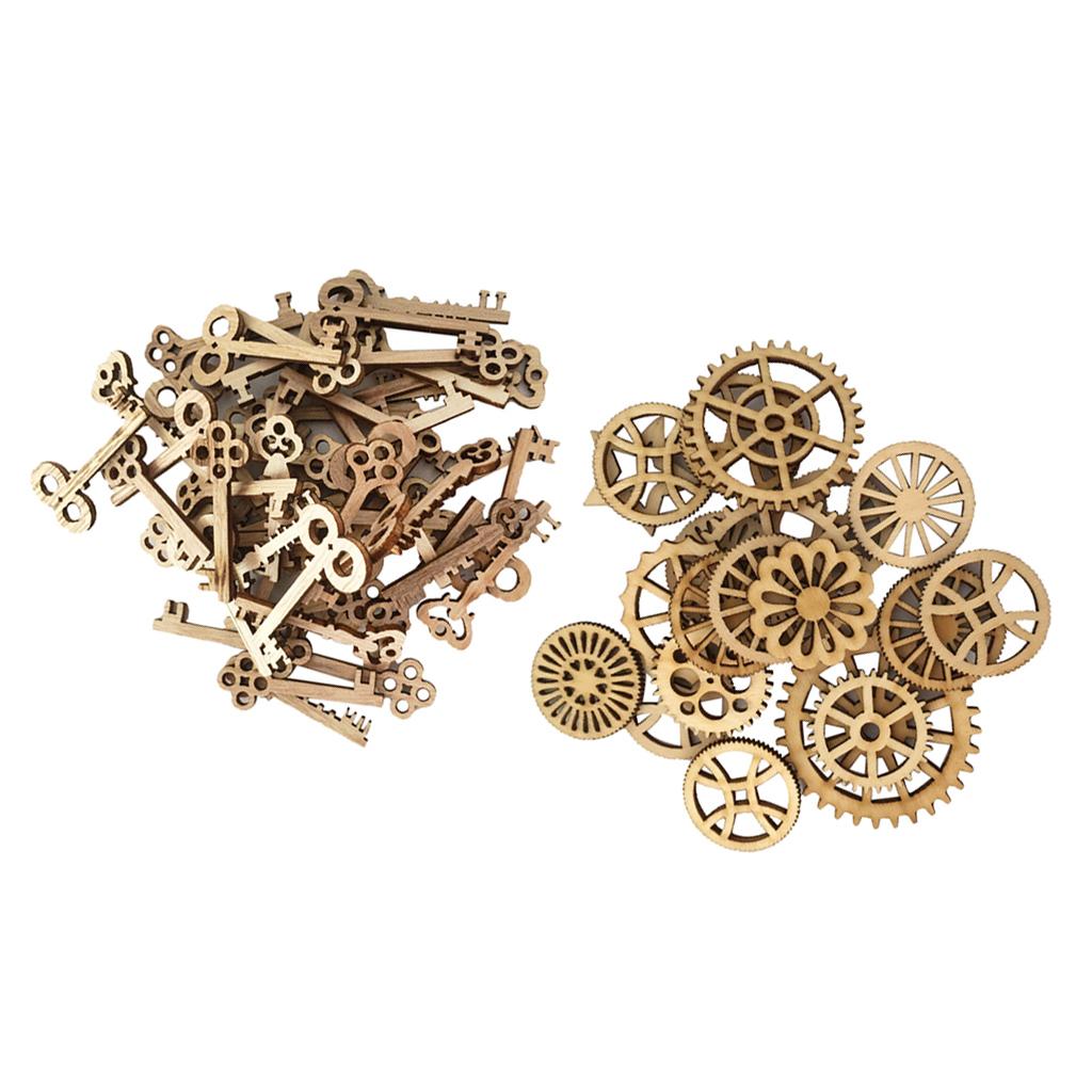 100pcs Key and Gear Shape Wood Adornment Craft Wooden Hanging Embellishments