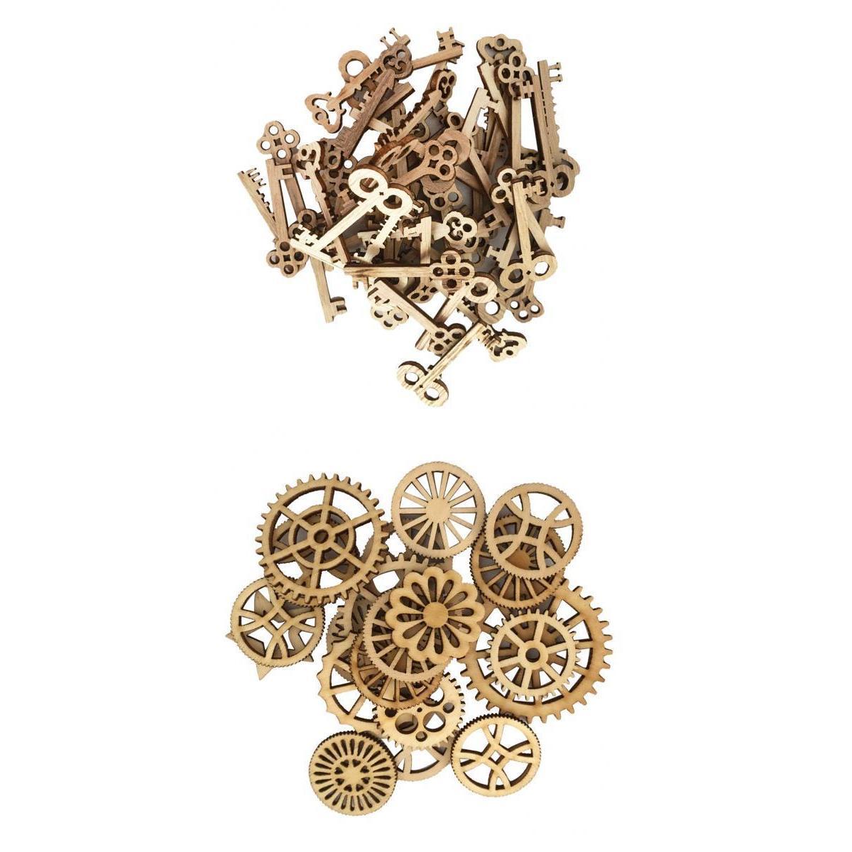 100pcs Key and Gear Shape Wood Adornment Craft Wooden Hanging Embellishments