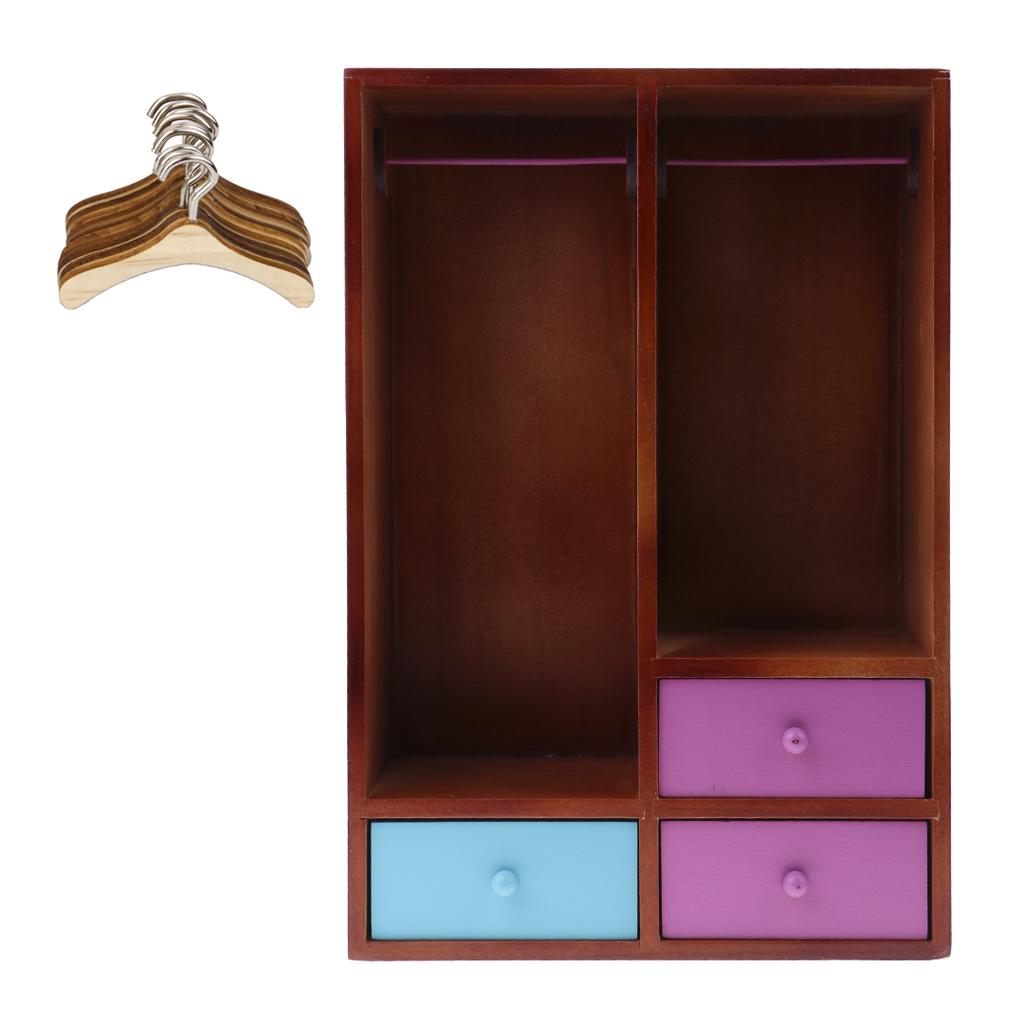 1/6 Doll House Wooden Wardrobe & Clothes Hangers Model Furniture Accessories